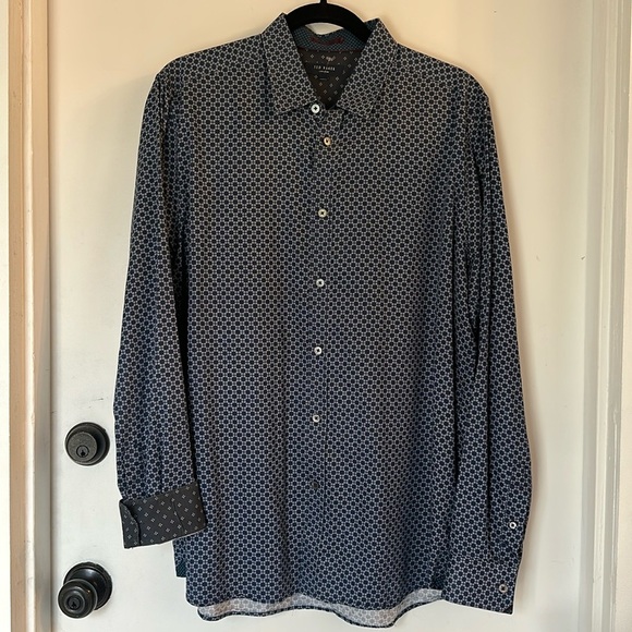 TED BAKER London Navy Blue Dot Flip Cuff Button Down Shirt large 5 - Picture 1 of 5